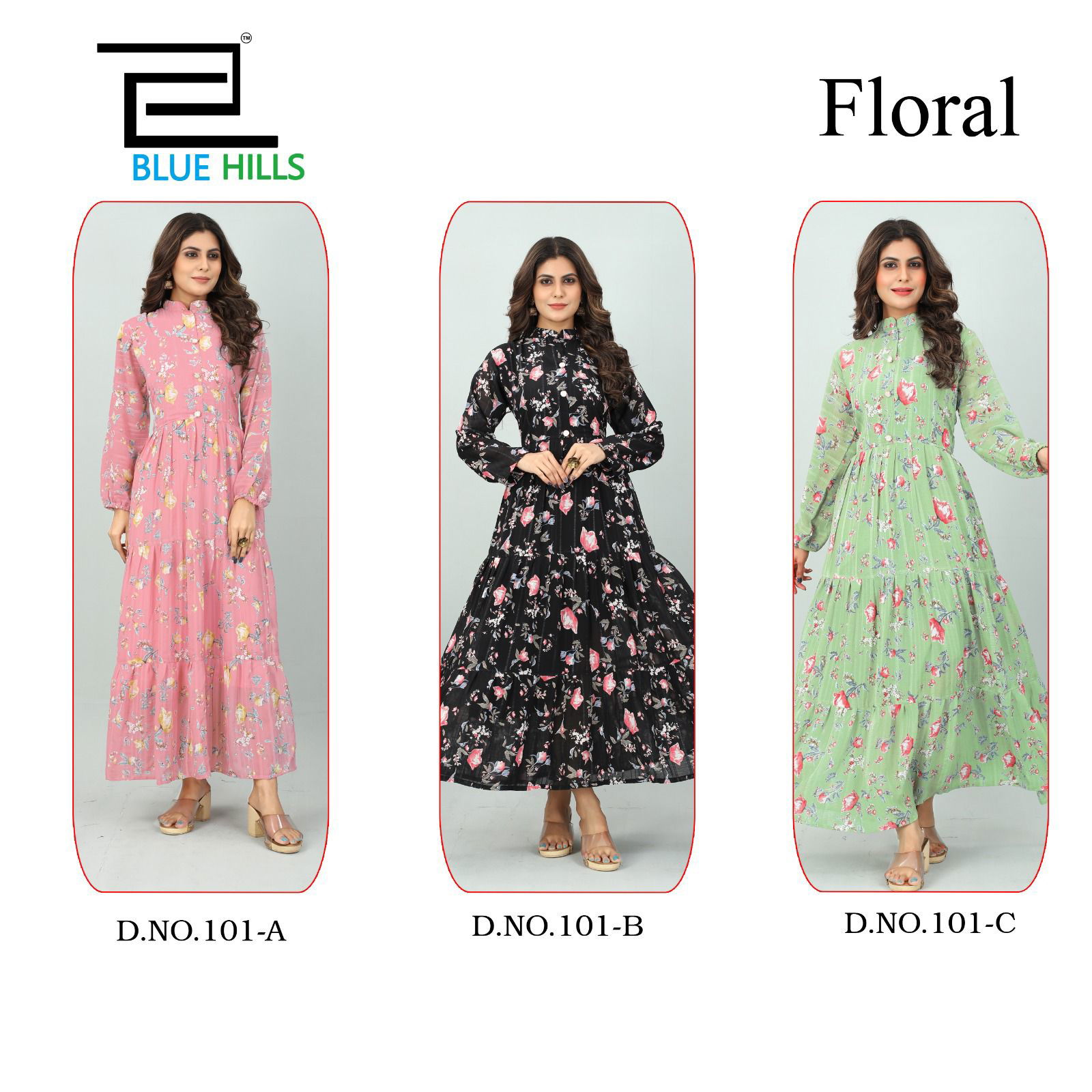 Floral By Blue Hills 010-A To 101-C Long Designer Kurtis Catalog